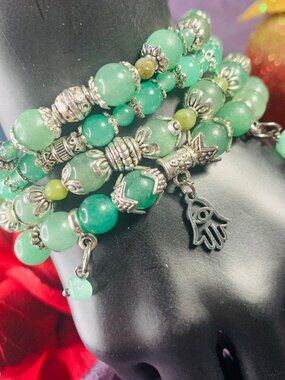 One-Of-A-Kind Evil Eye Charm, Green Aventurin, Green Jade & Pewter Bracelet Set